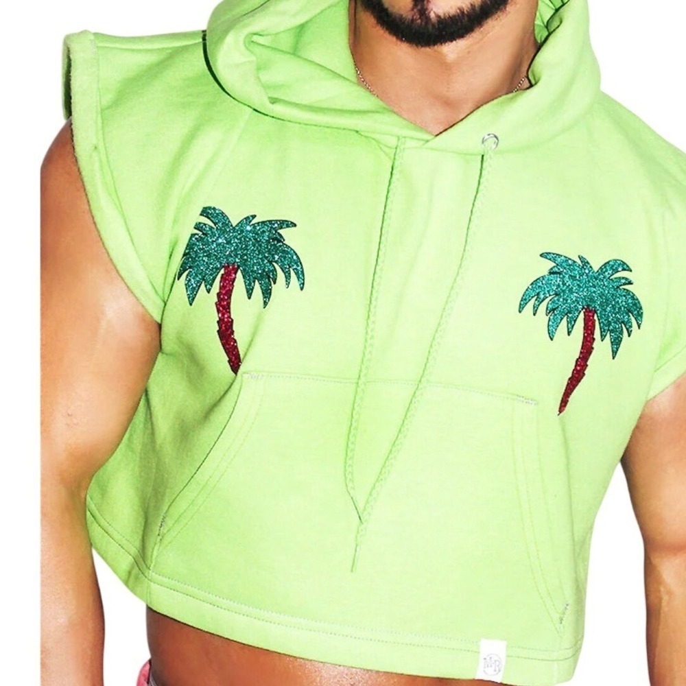 Palm Tree Pasties Sleeveless Crop Hoodie-Neon Green - Marek+Richard sz S
